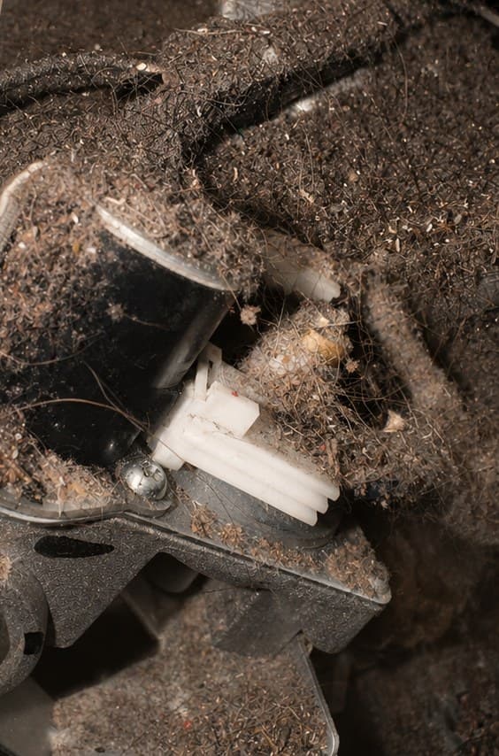 Heavy lint buildup inside a dryer before cleaning
